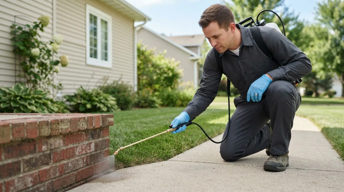 Pest control technician treating a home near Bradley, SD